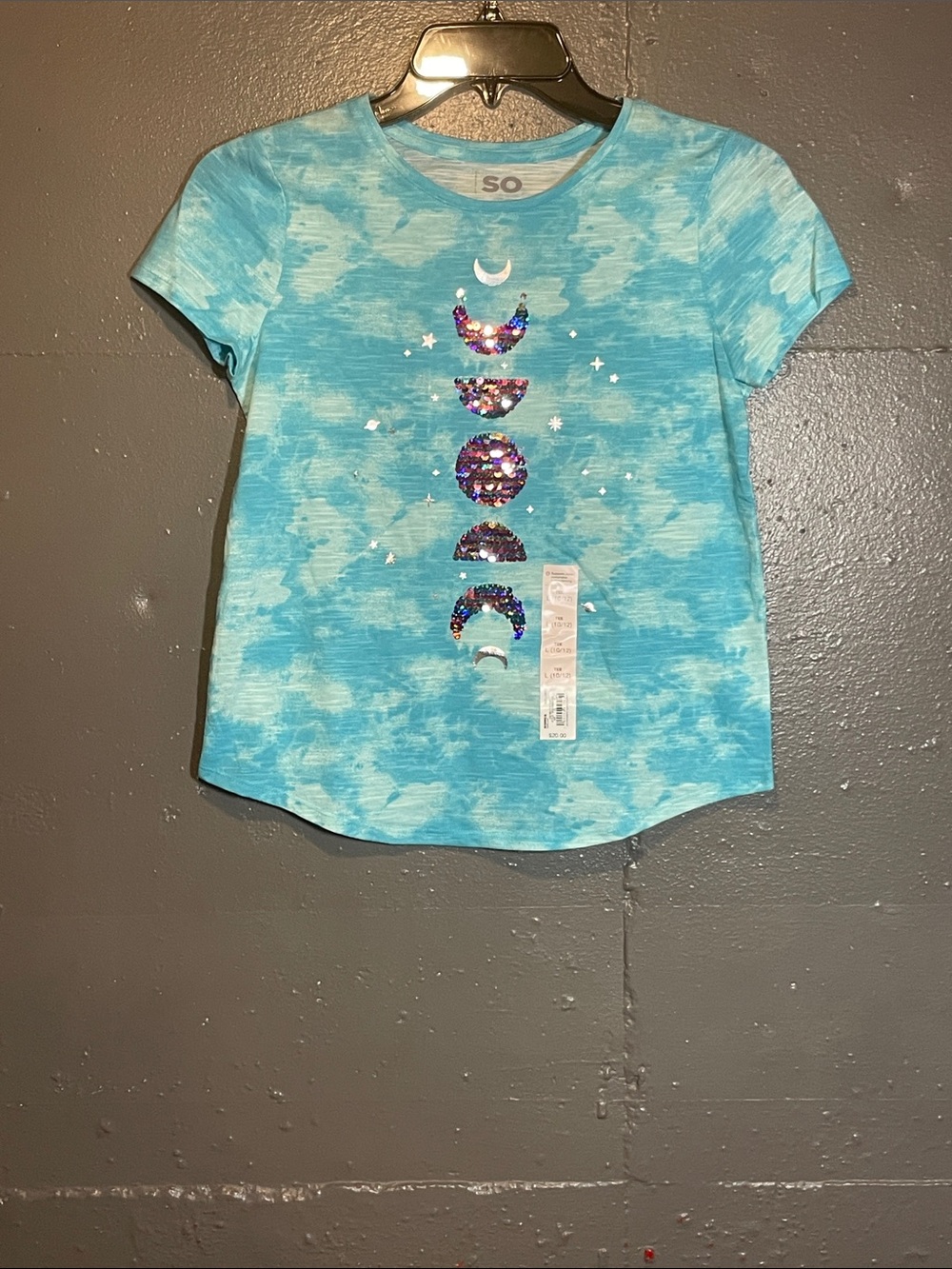 SO Girls' Aqua Tie-Dye Sequin Moon Phase Tee